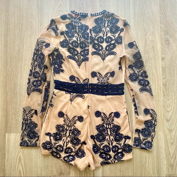 BANJUL Nude & Navy Blue Long Sleeve Romper Tattoo Lace Floral Mesh - Picture 7 of 10